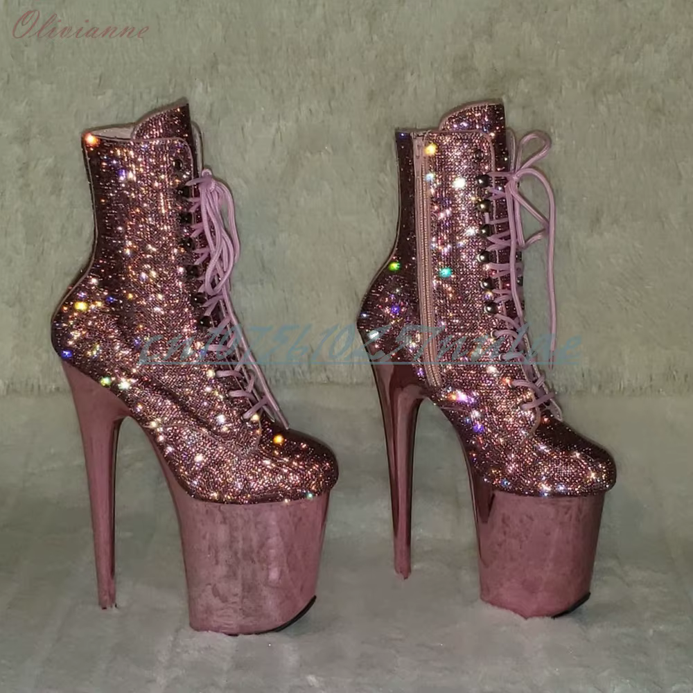 Bottes mi-mollet à lacets roses scintillantes pour pole dance, talons aiguilles, chaussures sexy pour femmes, performance printanière sur scène