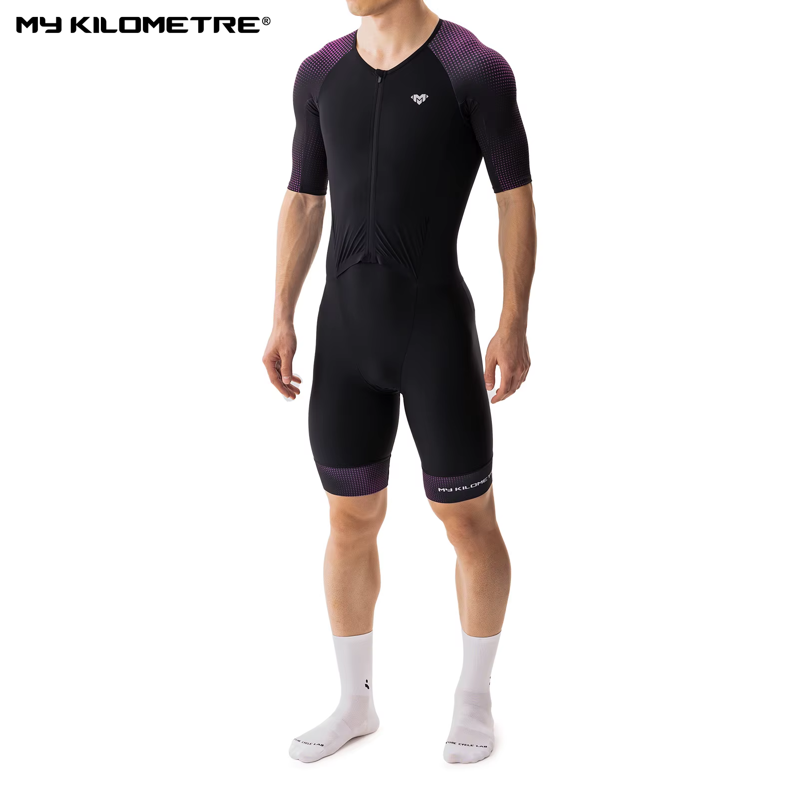 Combinaison de triathlon homme séchage rapide légère à manches courtes noire et violette une pièce pour cyclisme course natation TriSuit MY KILOMETRE