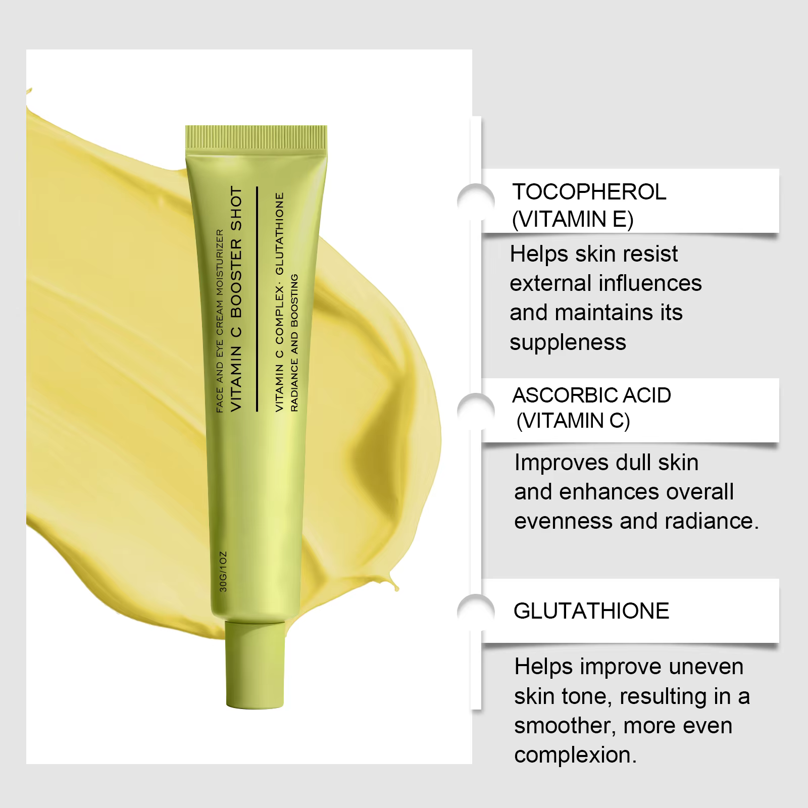 Crème Visage Booster Vitamine C avec Glutathion et Niacinamide pour Soin Hydratant, Améliore les Rides Fines, Soin Coréen Effet Peau de Verre