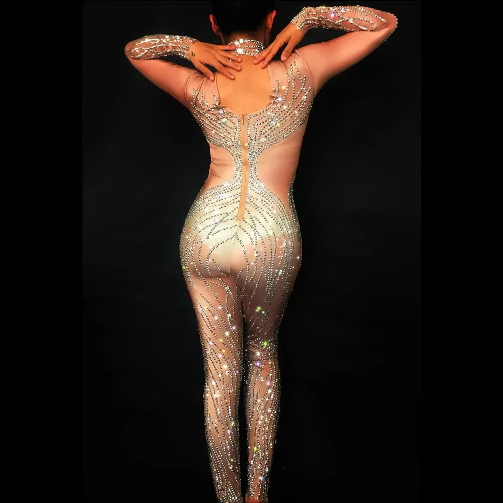 Sexy discothèque Bar femmes scène porter pôle danse justaucorps fête Rave danse Costume brillant strass nu Stretch serré combinaison