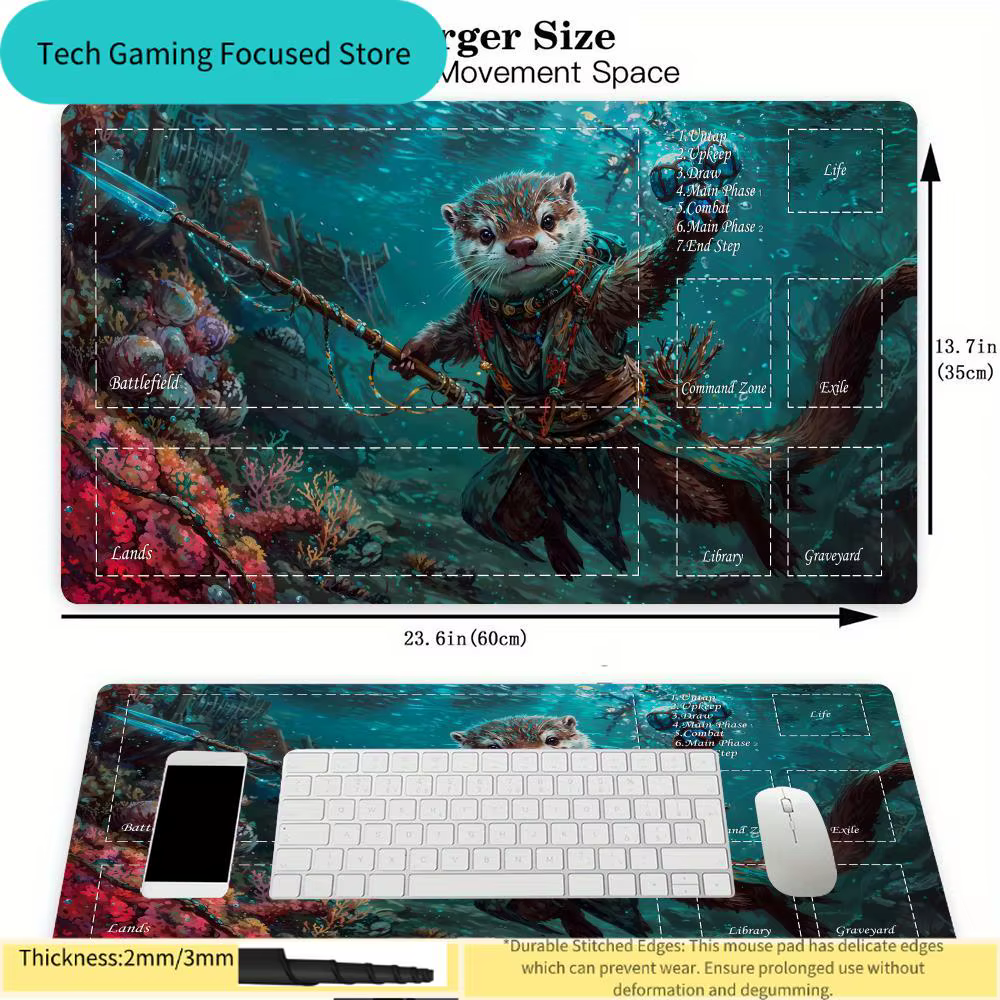 Tapis de jeu Magic: The Gathering, Otter Wizard in Enchanted Forest avec zones de structure de jeu MTG, épaisseur 2mm/3mm, coutures durables