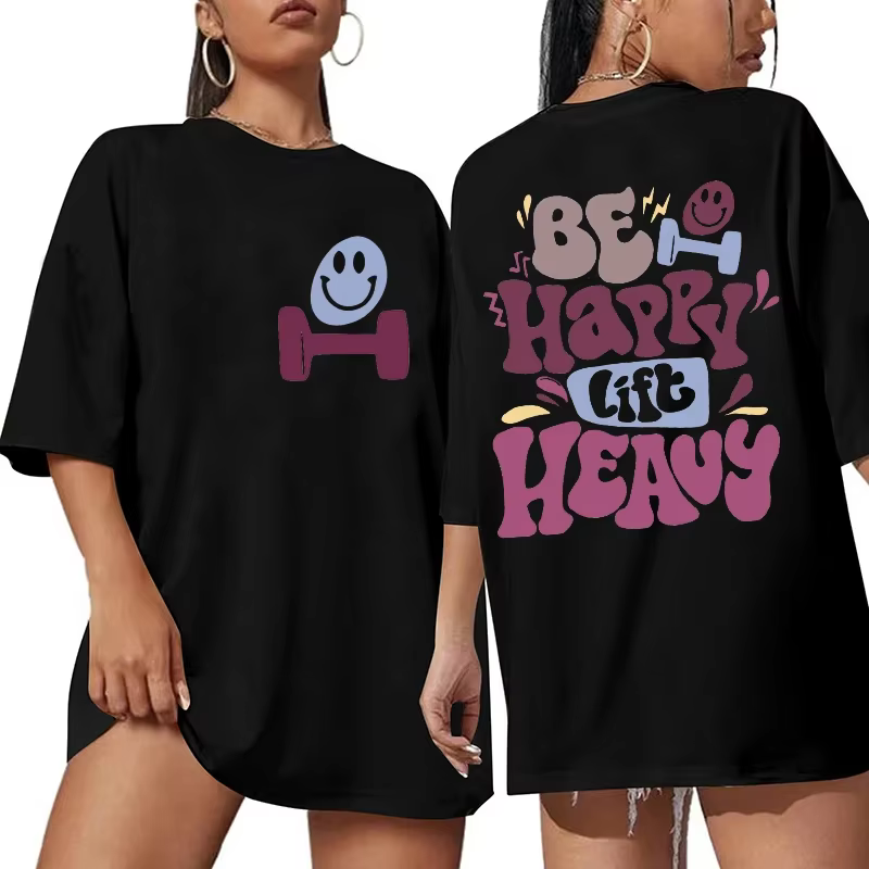 T-shirt « Be Happy Lift Heavy » pour femme – Haut graphique amusant pour l'entraînement et la musculation – T-shirts à manches courtes pour maman sportive – Vêtements féminins