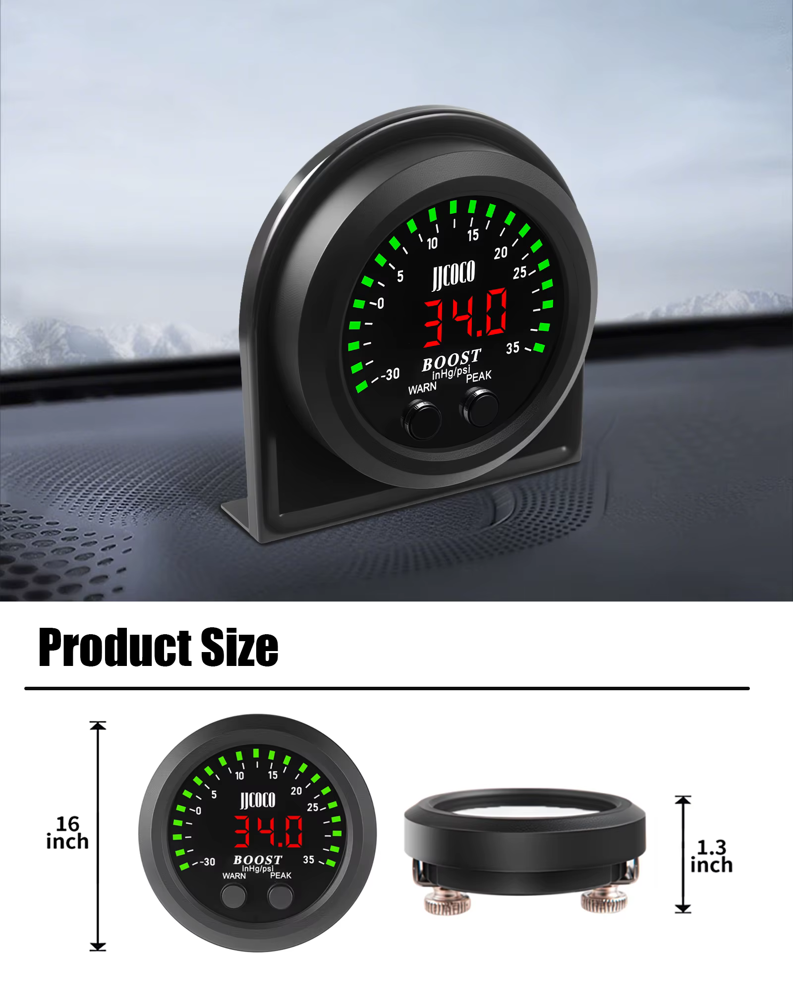 JJCOCO 52MM 2 ''série S jauge de suralimentation-30 ~ 35 PSI rond Ultra-mince avec lumière rouge affichage LED jauge de vide Turbo Boost mètre