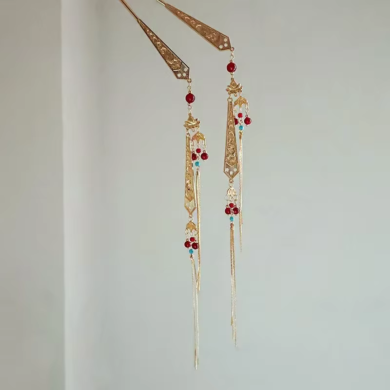 Épingle à cheveux de style chinois ancien, accessoire pour chignon Lotus de la prospérité, avec long pompon, épingle Hanfu, accessoires capillaires traditionnels de mariage