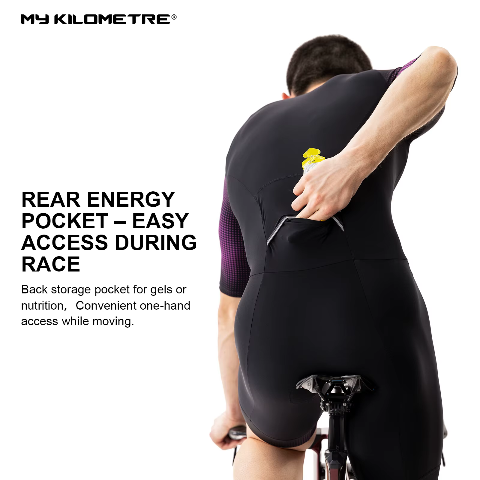 Combinaison de triathlon homme séchage rapide légère à manches courtes noire et violette une pièce pour cyclisme course natation TriSuit MY KILOMETRE