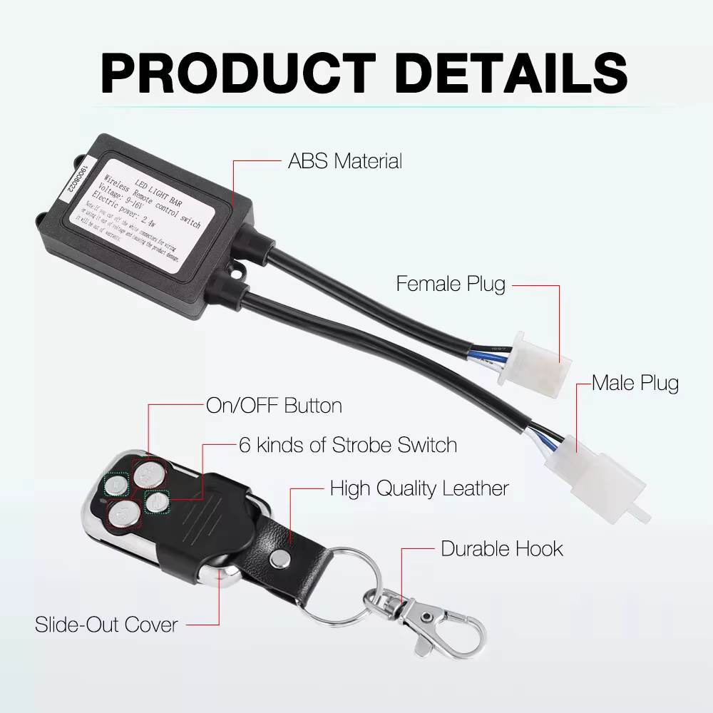 Barre lumineuse de travail LED, interrupteur stroboscopique à distance sans fil pour Kit de faisceau de câbles, camion tout-terrain, pick-up, ATV, UTV, bateau, SXS, RZR, voiture Marine 12V
