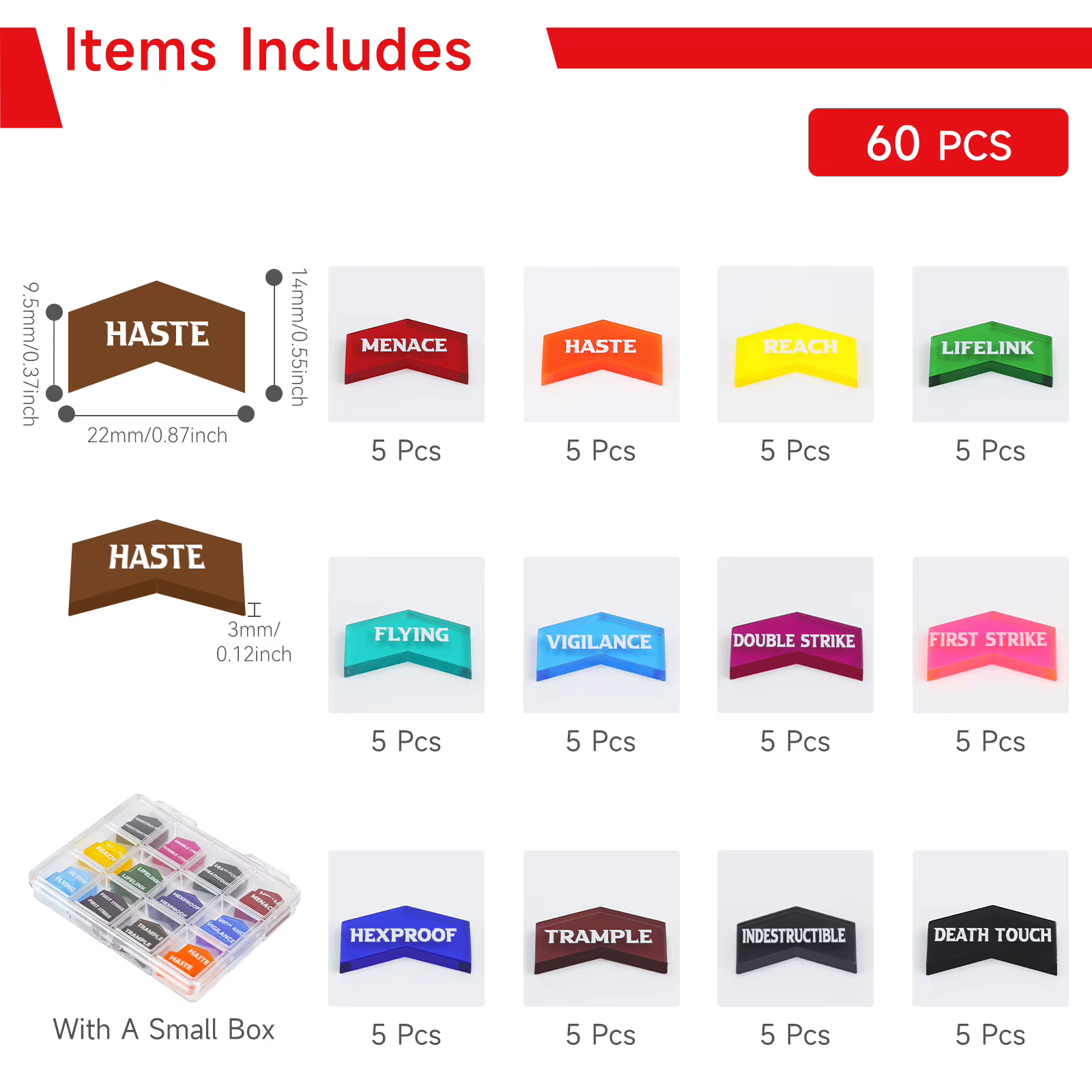 Jeu de jetons de compteur de mots clés MTG, 60 pièces, pour Magic The Gathering, cartes MTG CCG, accessoires de jeu, jouet avec étui