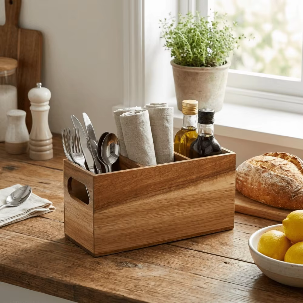 Organisateur d'ustensiles de cuisine en bois à 3 compartiments, support de rangement durable et rustique pour couverts, gain de place