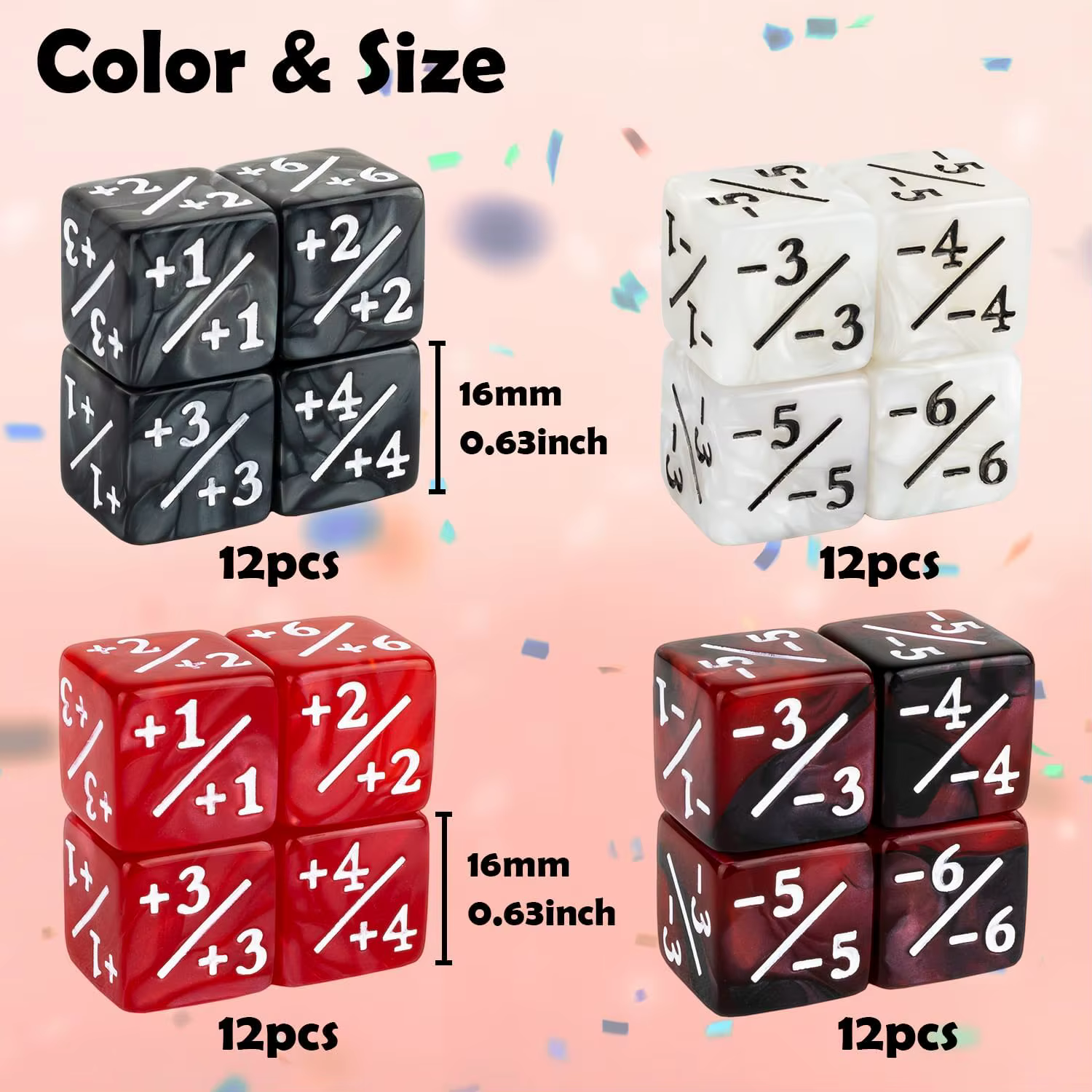 48 pièces de dés de comptage Magic Plus 1, ensemble de dés de comptage MTG, jetons de buff Marble Life, dés D6 compatibles avec Magic The Gathering