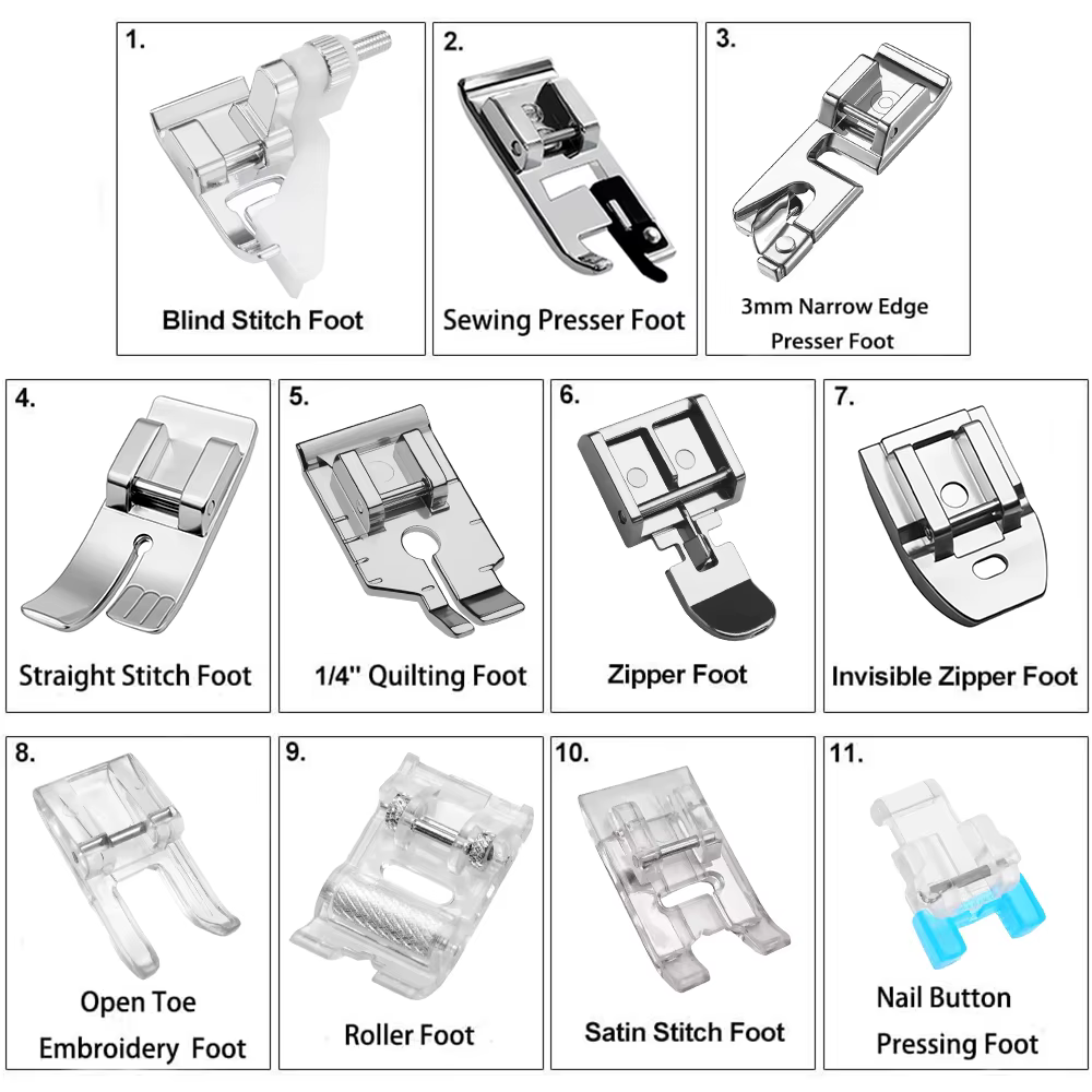 Ensemble de pieds-de-biche pour Machine à coudre, 11 pièces, pour Singer Brother Babylock Janome, accessoires de Machine à coudre à tige basse