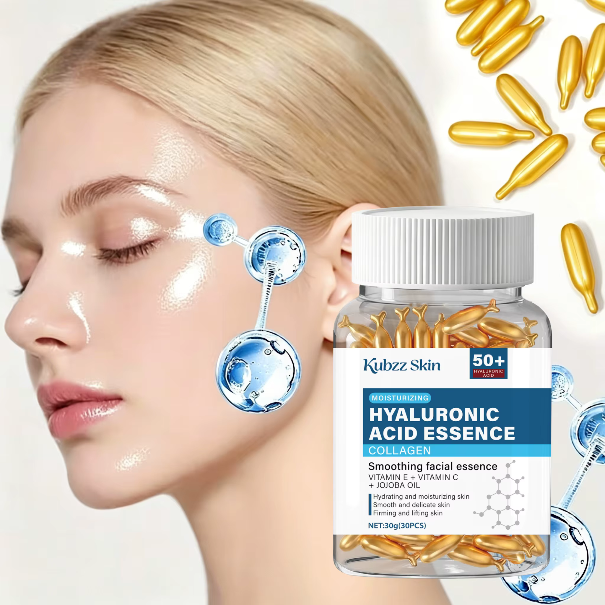 Capsule hydratante en profondeur à l'acide hyaluronique, hydrate et lisse la peau, contient du collagène, de l'huile de jojoba synthétique et de l'acide ascorbique.