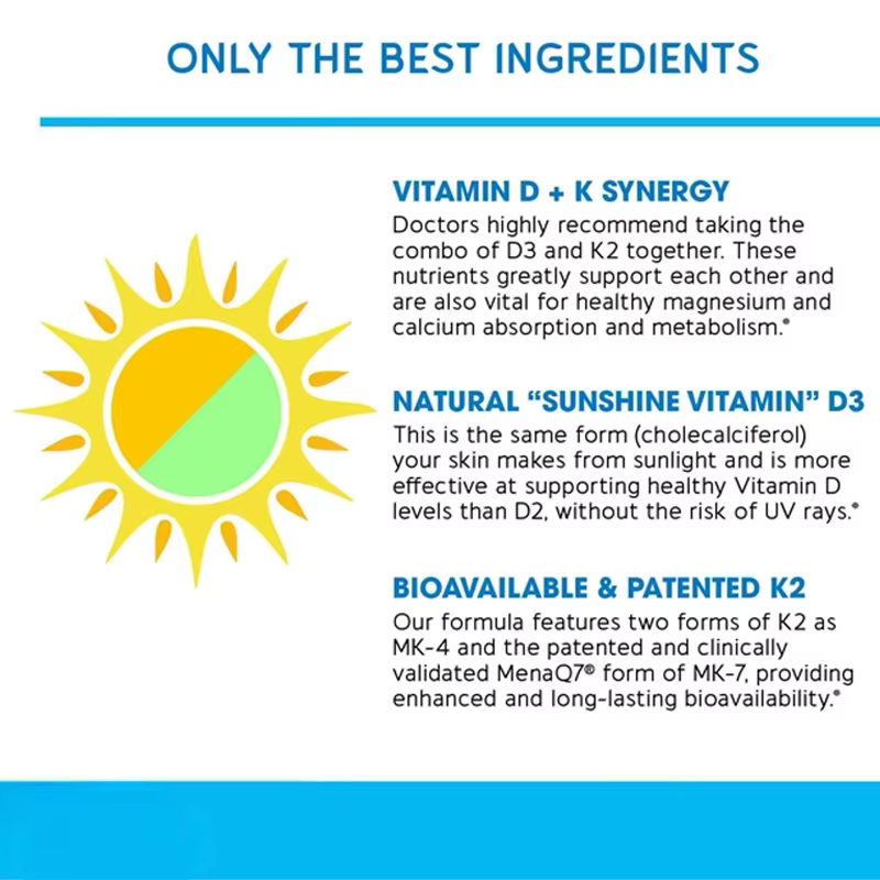 Vitamine D3 K2 60 capsules (et 200 mcg) – Soutien composite trois-en-un