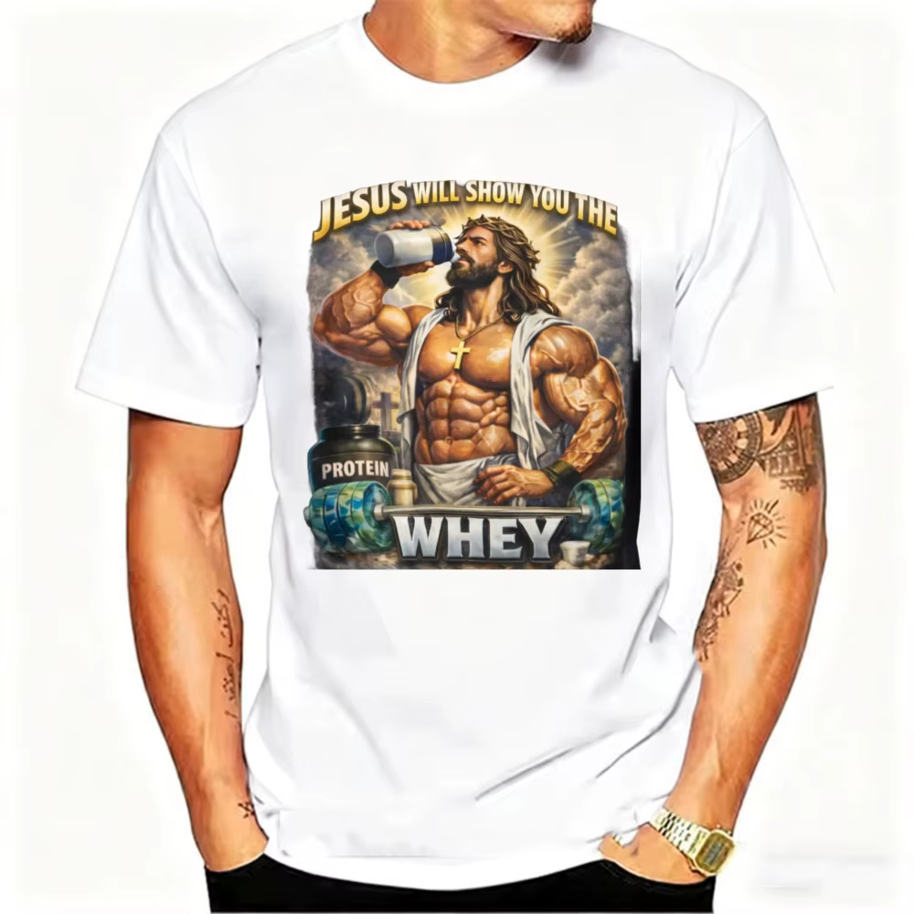 Holding Protein Shake Tee Jesus Will Show You The Whey' Muscle Christian Workout Col rond Style décontracté Manches