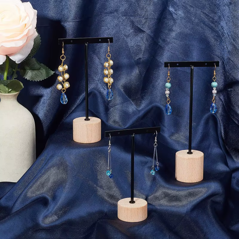Présentoir de boucles d'oreilles en métal, support à bijoux avec Base ronde en bois, supports suspendus pour boucles d'oreilles, organisateur de bijoux