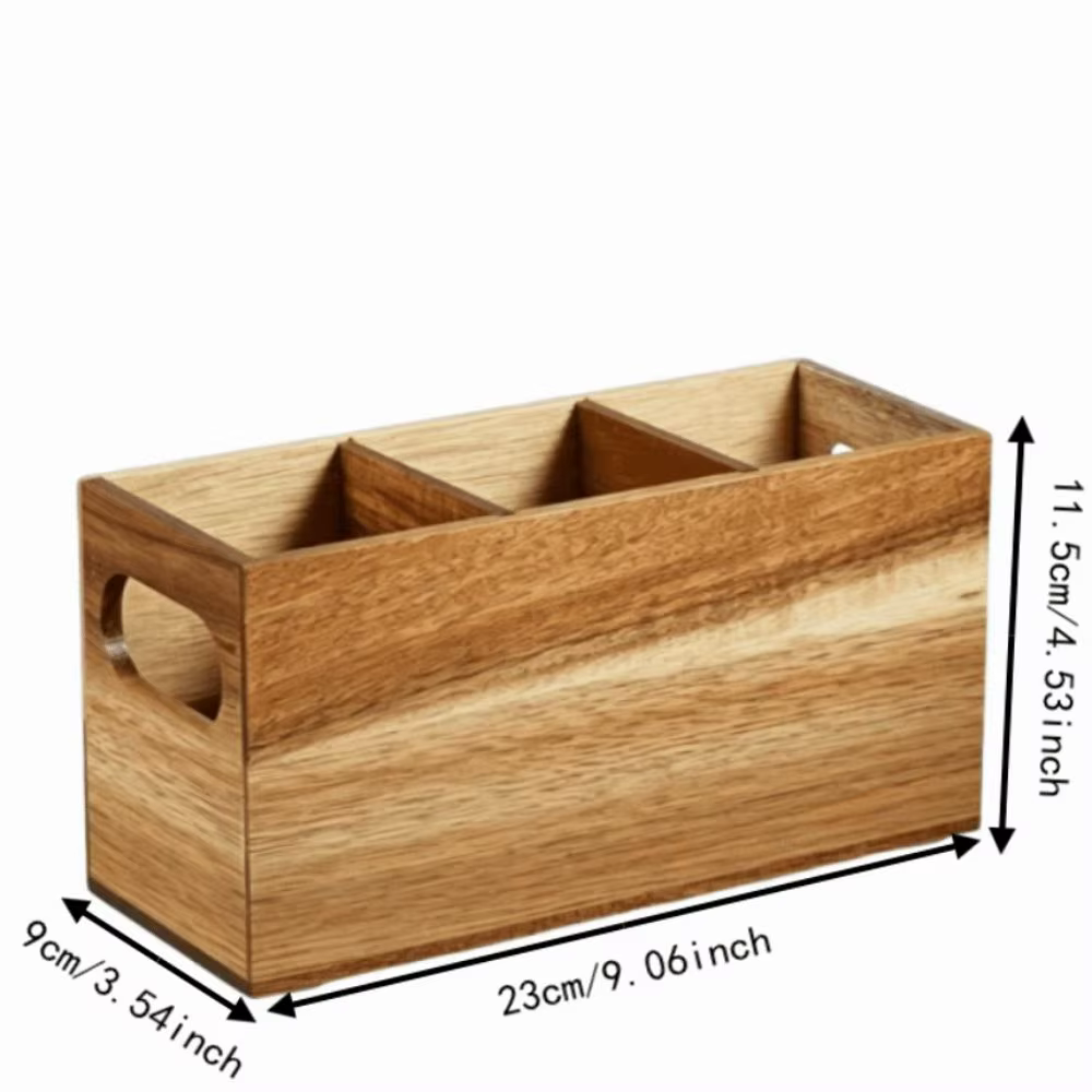 Organisateur d'ustensiles de cuisine en bois à 3 compartiments, support de rangement durable, boîte de rangement rustique pour couverts, gain de place, pour comptoir