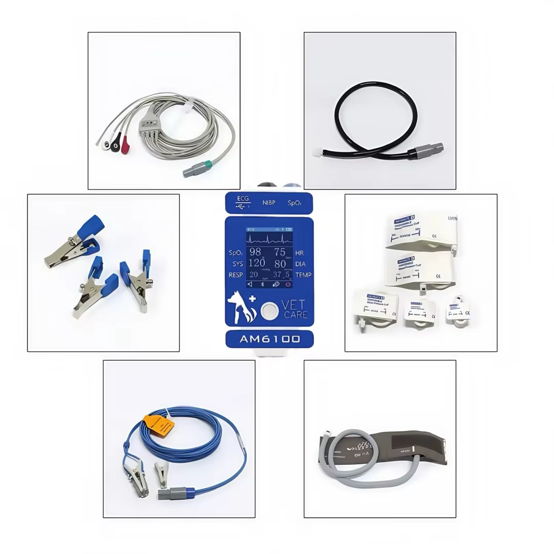 Les accessoires pour moniteurs vétérinaires Am6100 peuvent manipuler les signes vitaux des animaux : PR, HR, NIBP (pression artérielle) Spo2、 Respiration TEM, ECG