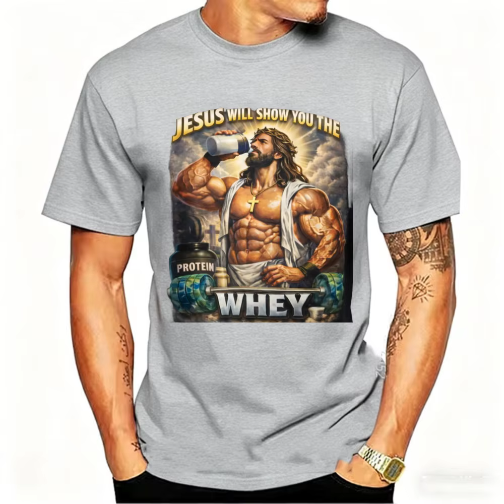 Holding Protein Shake Tee Jesus Will Show You The Whey' Muscle Christian Workout Col rond Style décontracté Manches