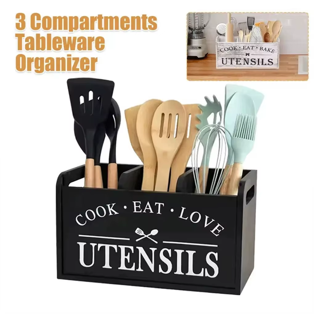 Porte-ustensiles de cuisine en bois, organisateur d'ustensiles, support de vaisselle à 3 compartiments avec trous de Drainage pour barres de collation largement utilisé