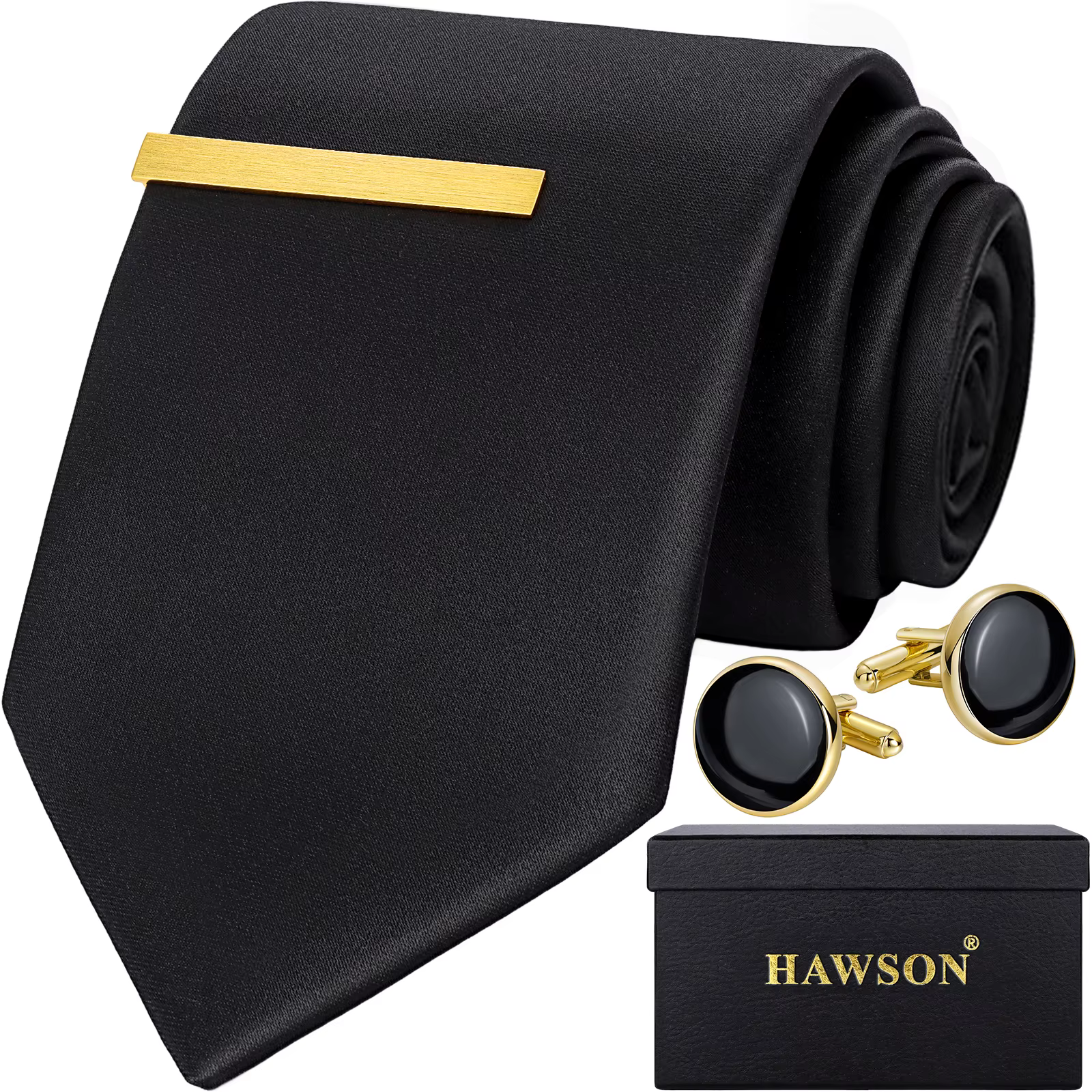 Ensemble cravate noire HAWSON pour homme avec boutons de manchette et pince à cravate, coffret cadeau formel pour affaires et mariage, accessoires de cravate en soie pour homme