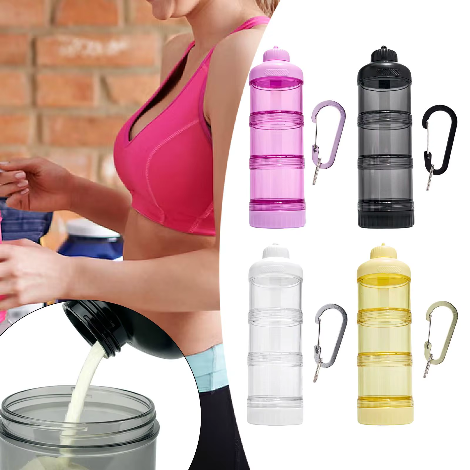 Conteneur de poudre de protéines pratique avec mousqueton