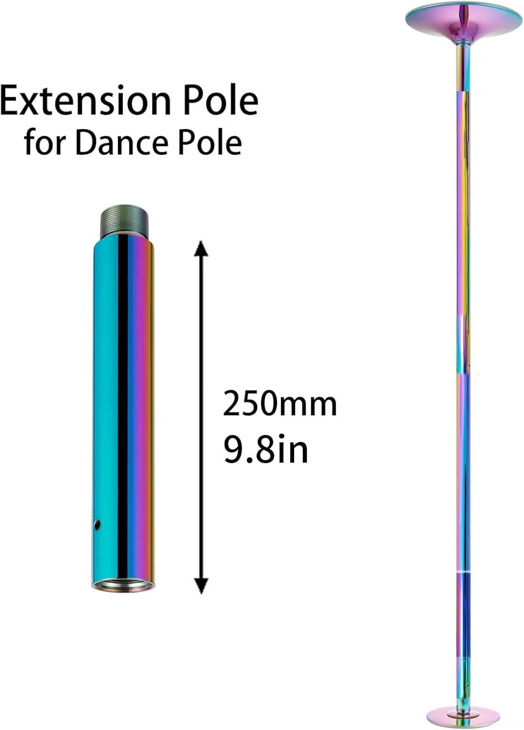 Tube d'extension de 250 mm pour barre de pole dance, diamètre de préhension 45 mm, chrome arc-en-ciel, hauteur réglable (seul le tube)