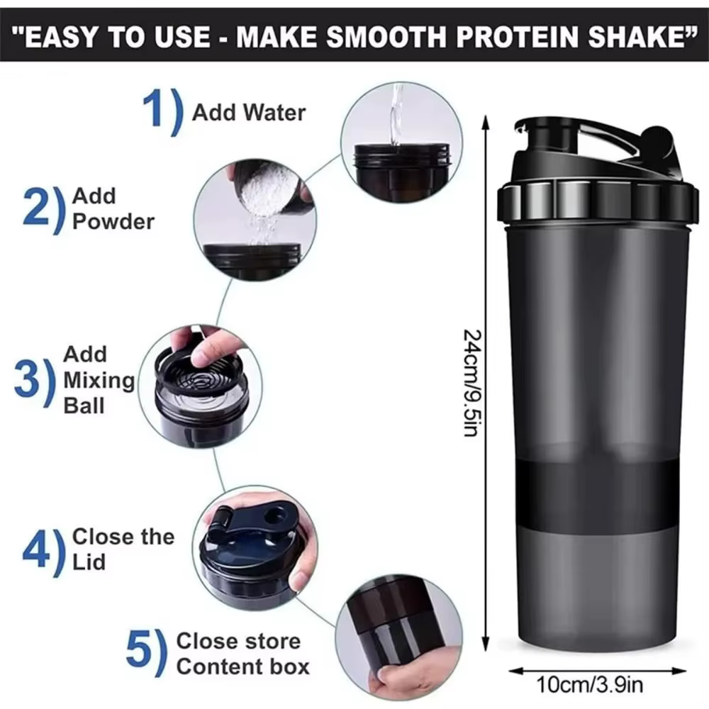 Bouteille Shaker à 3 Couches en Plastique pour Exercice de Musculation