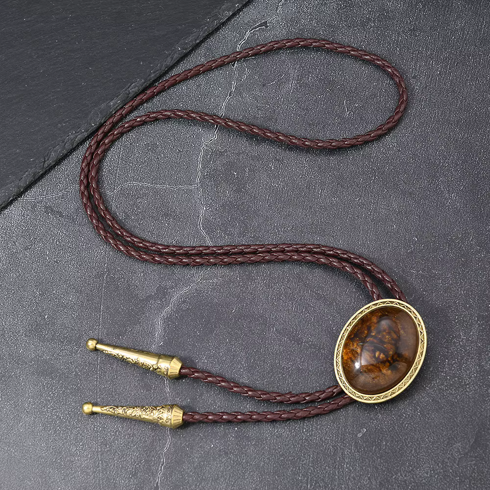 Mode Vintage alliage Agate couleur Bolo cravate longue en cuir pull chaîne cravate Style Cowboy occidental pour femmes hommes accessoire