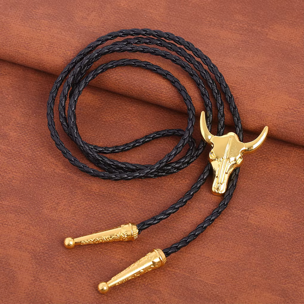 Cravates dorées pour hommes, accessoire de vêtement de Cowboy américain, cravate réglable tête de taureau, collier pendentif Bolo de Cowboy occidental