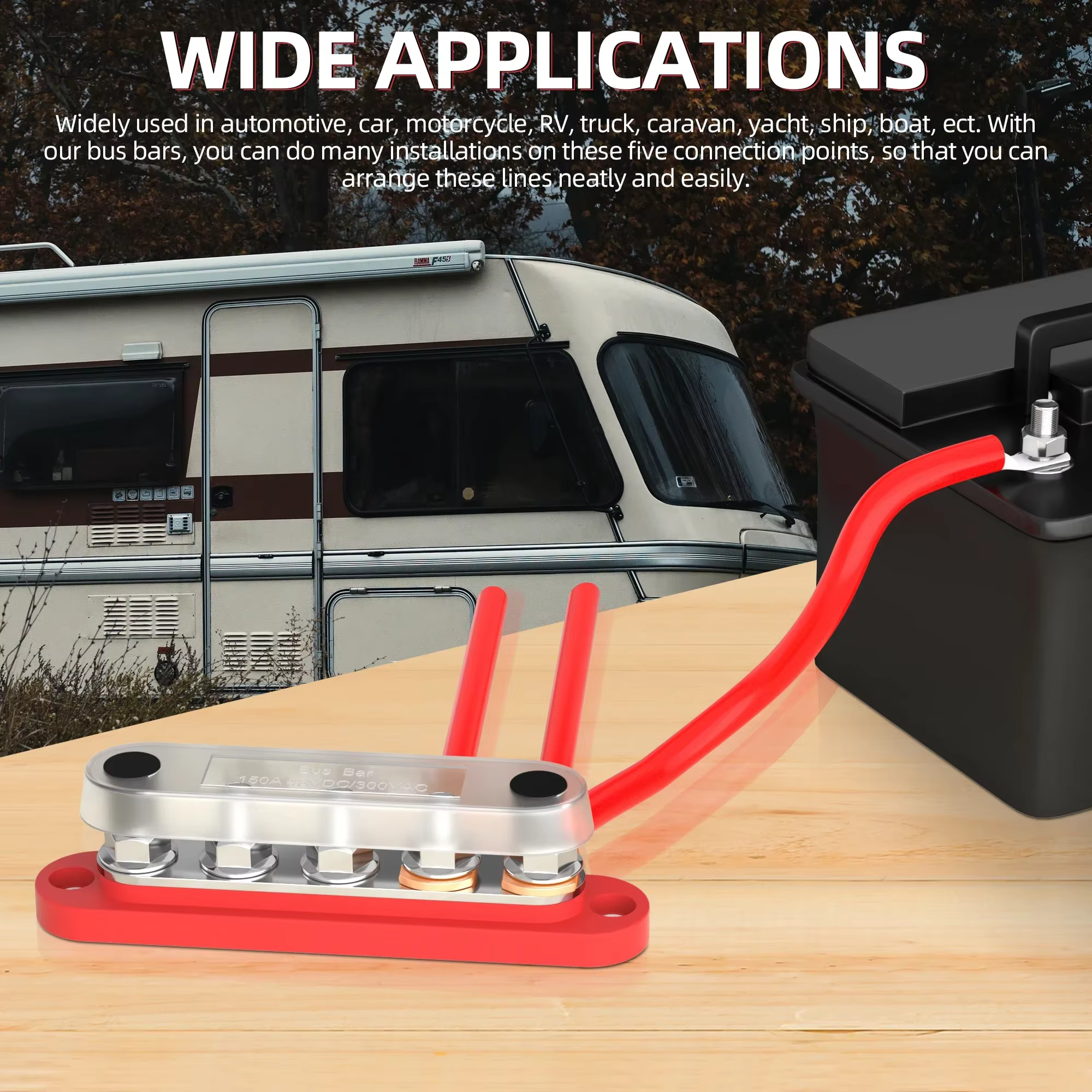 Barre omnibus Terminal 150A, 5 goujons M8, bloc de Distribution d'énergie de batterie, barres omnibus de voiture rouge noir 12V pour bateau marin automobile
