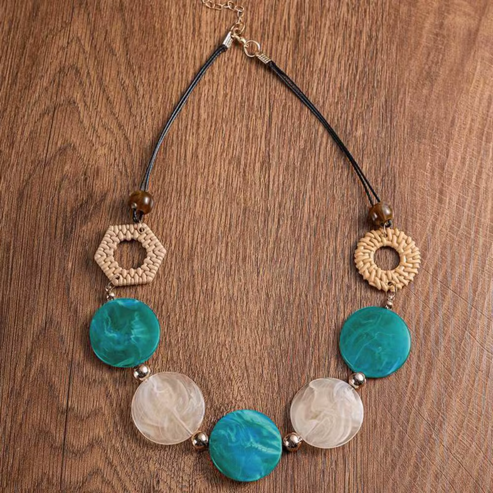 Collier Vintage en Rotin, Accessoires en Acrylique Faits à la Main, Pièce Ronde Géométrique