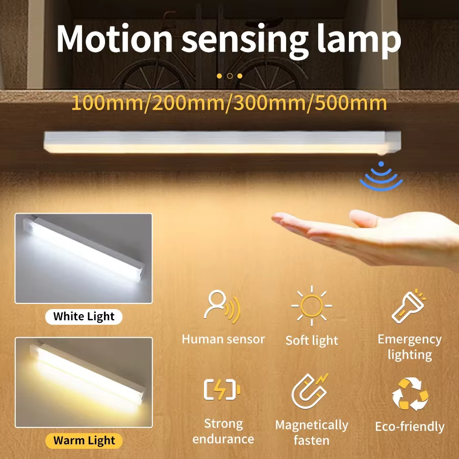 Veilleuse LED sans fil avec capteur de mouvement, lampe Rechargeable par USB, barre lumineuse sous-meuble, cuisine, garde-robe, chambre à coucher, couloir