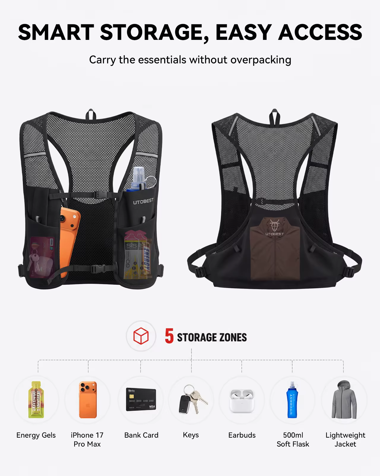 UTOBEST UTR112 Gilet de course sur sentier Pack d'hydratation ultra léger