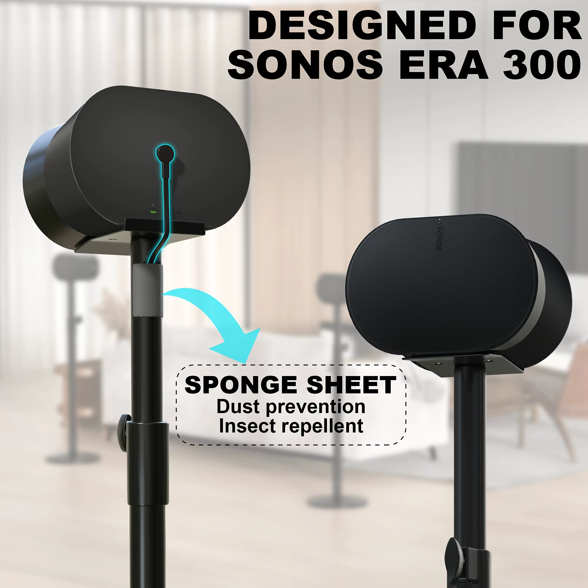 Support pour enceinte sans fil Sonos Era 300 avec hauteur réglable, support de base sonore avec gestion des câbles, support au sol