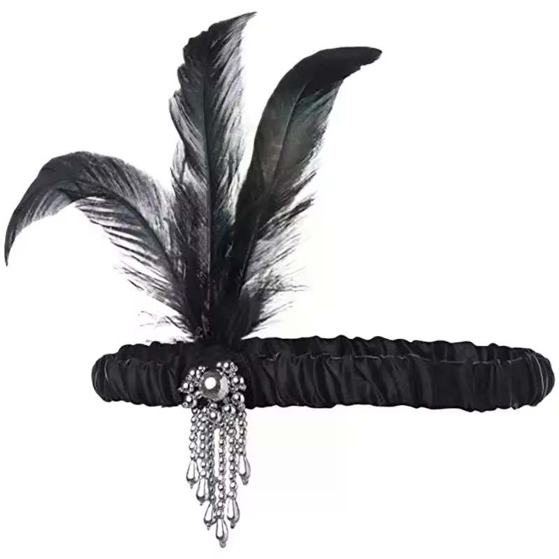 Accessoires pour cheveux noirs pour femmes, bandeau perlé rétro années 20, coiffe de soirée pour dames, serre-tête à plumes