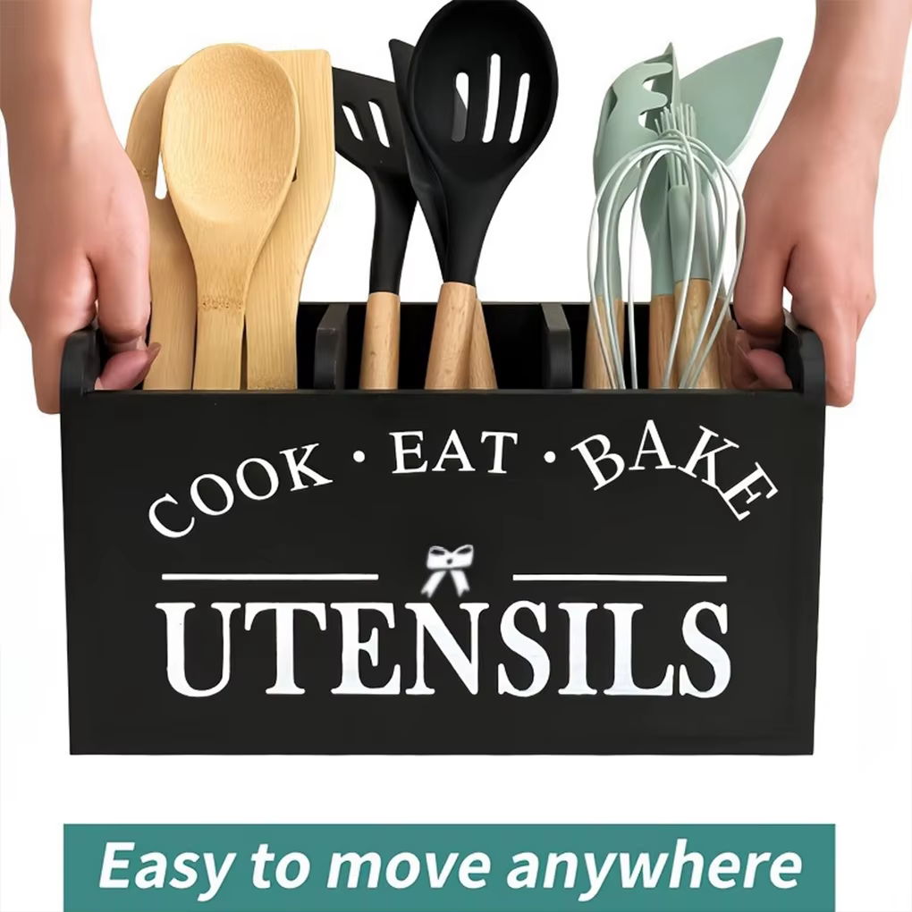Porte-ustensiles de cuisine en bois, organisateur d'ustensiles, support de vaisselle à 3 compartiments avec trous de Drainage pour barres de collation largement utilisé