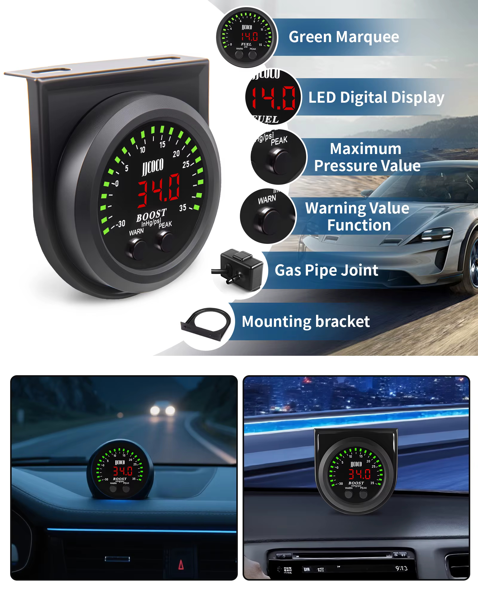 JJCOCO 52MM 2 ''série S jauge de suralimentation-30 ~ 35 PSI rond Ultra-mince avec lumière rouge affichage LED jauge de vide Turbo Boost mètre