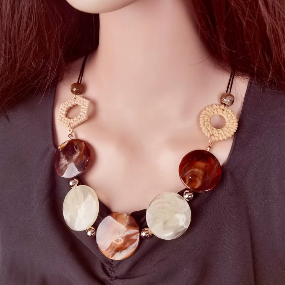 Collier Vintage en Rotin, Accessoires en Acrylique Faits à la Main, Pièce Ronde Géométrique