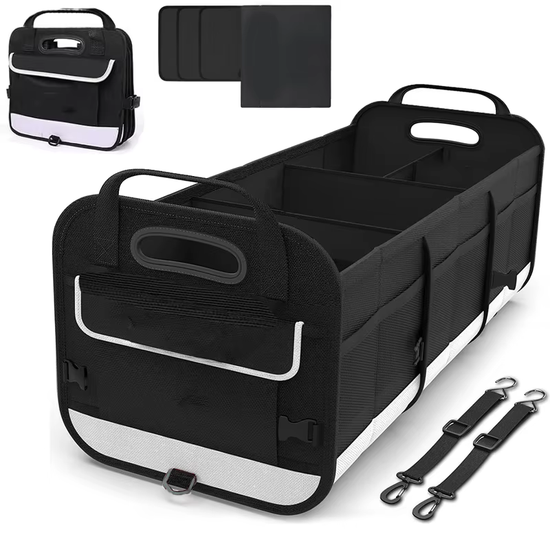 Organisateur de coffre pour voiture, rangement de grande capacité de 95 L avec bandes inférieures antidérapantes et 2 sangles rétractables