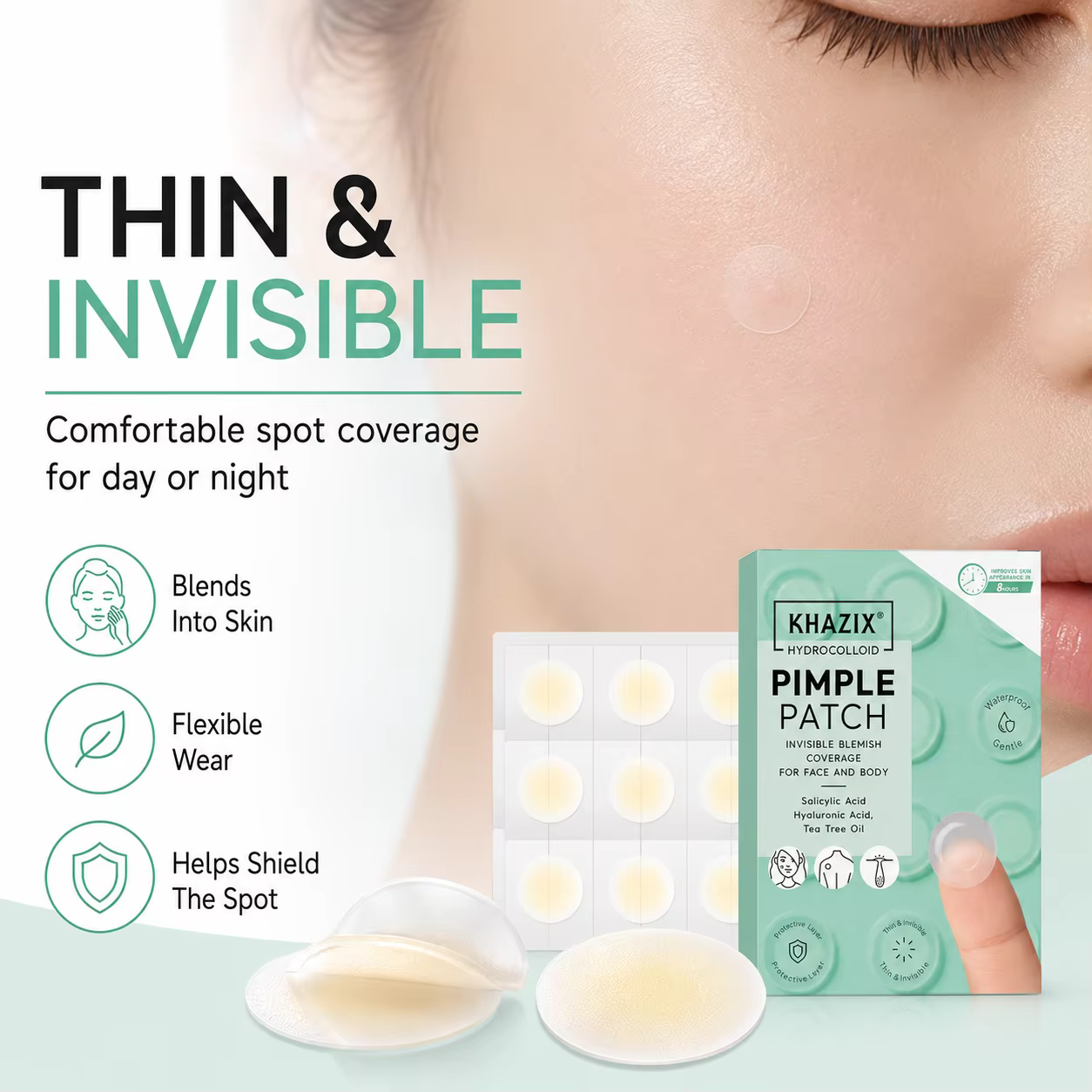 24 patchs hydrocolloïdes pour boutons avec acide salicylique, acide hyaluronique et huile d'arbre à thé, autocollants invisibles et imperméables pour couvrir les imperfections