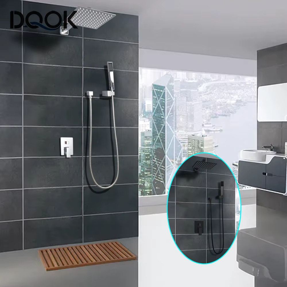 Système de douche dissimulé noir, cascade de pluie, salle de bains, ensemble de robinets de douche encastrés avec bec de baignoire