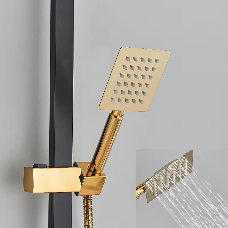 Pommeau de douche mural avec bec rotatif, ensembles HOShower, noir, doré, pluie, eau chaude et froide, 4 voies