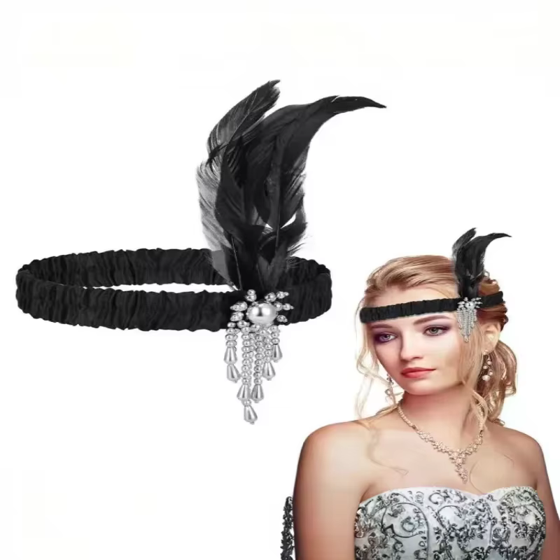 Accessoires pour cheveux noirs pour femmes, bandeau perlé rétro années 20, coiffe de soirée pour dames, serre-tête à plumes