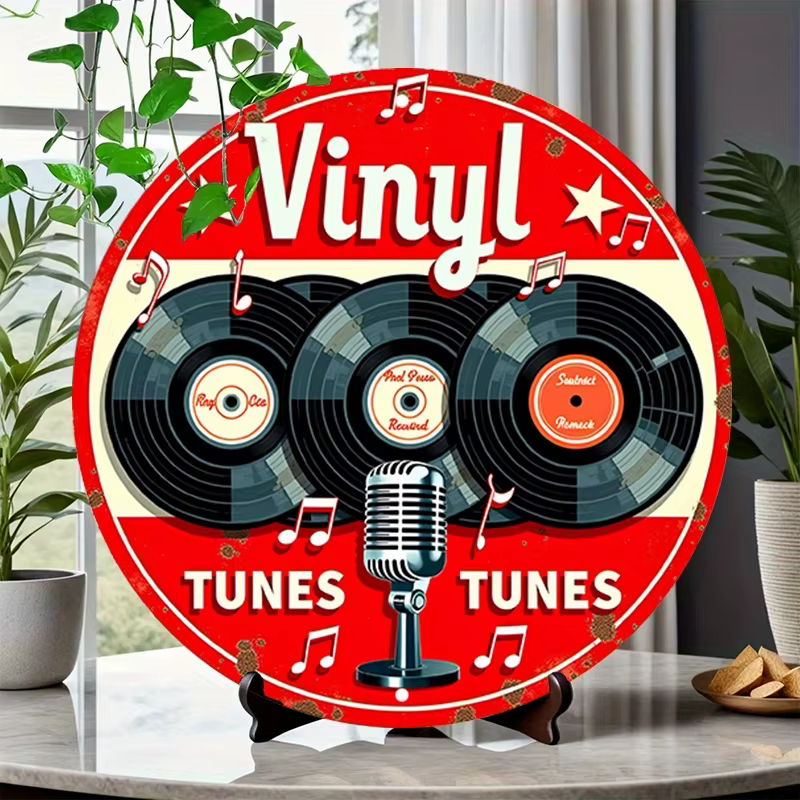 Disque vinyle en bois de 8 pouces avec éléments musicaux, décoration murale ou de table pour bar, café, salle de musique, collection, planche plate couleur unie