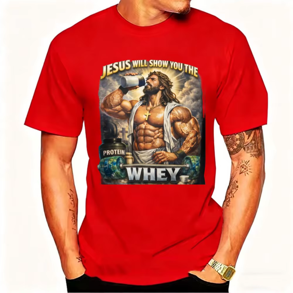 Holding Protein Shake Tee Jesus Will Show You The Whey' Muscle Christian Workout Col rond Style décontracté Manches