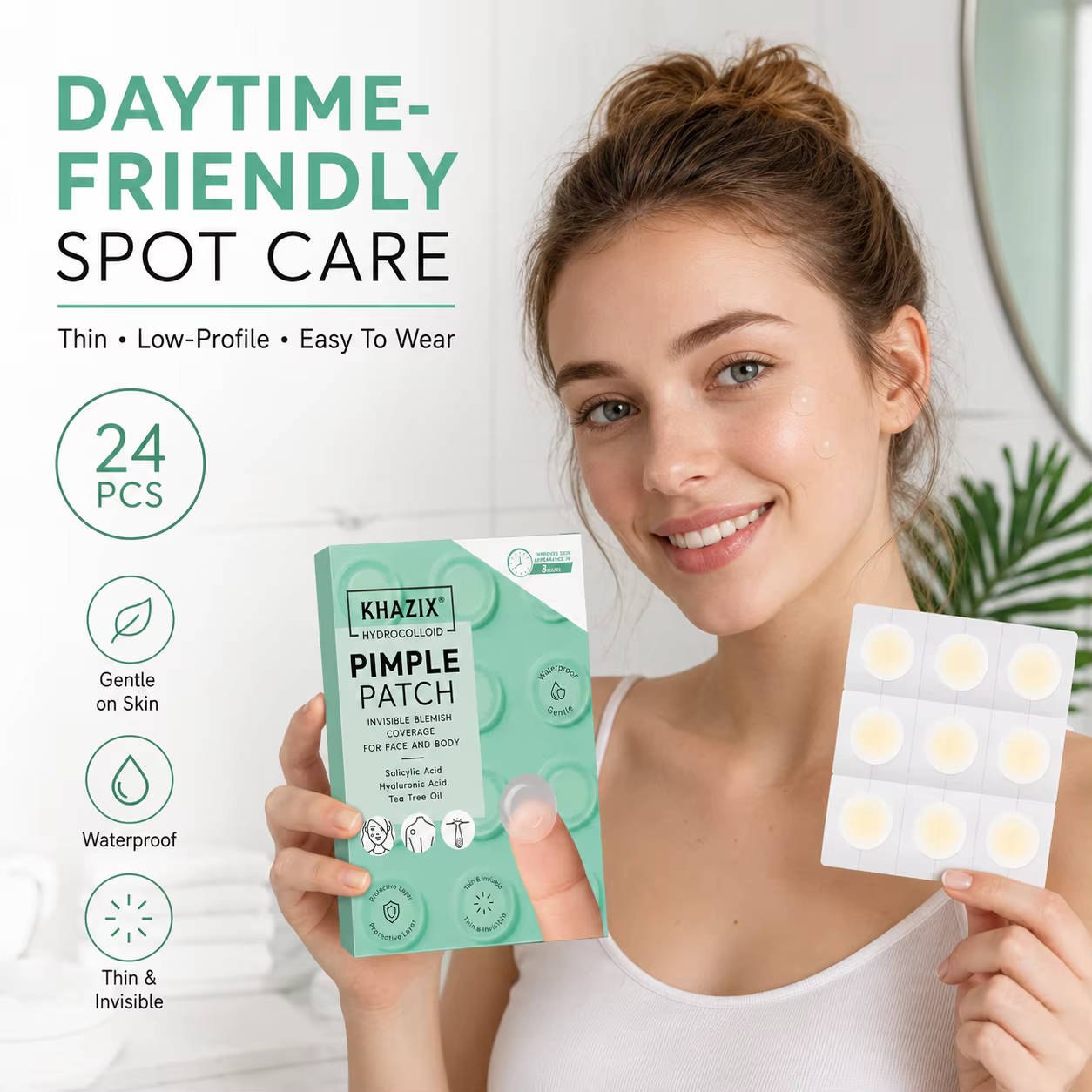 24 patchs hydrocolloïdes pour boutons avec acide salicylique, acide hyaluronique et huile d'arbre à thé, autocollants invisibles et imperméables pour couvrir les imperfections