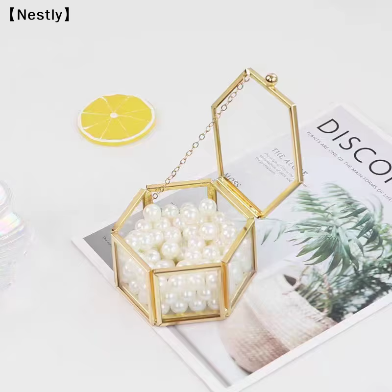 Boîte à bagues hexagonale haut de gamme, boîte à bijoux et accessoires en or, boîte de rangement pour bijoux en verre doré, luxueuse et rétro〔Nest〕