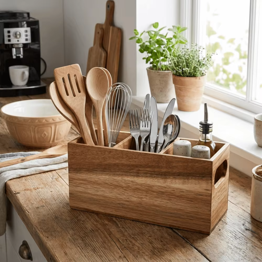 Organisateur d'ustensiles de cuisine en bois, gain de place, 3 compartiments, porte-couverts rustique et durable, support de rangement pour cuisine