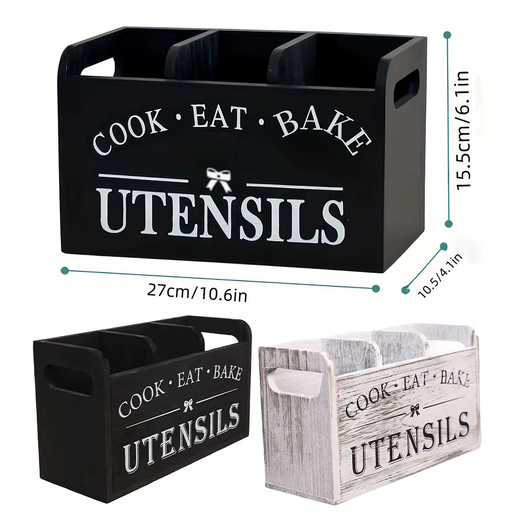 Porte-ustensiles de cuisine en bois, organisateur d'ustensiles, support de vaisselle à 3 compartiments avec trous de Drainage pour barres de collation largement utilisé