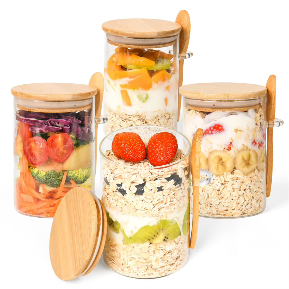 Bocaux en verre hermétiques avec couvercle et cuillère pour Overnight Oats