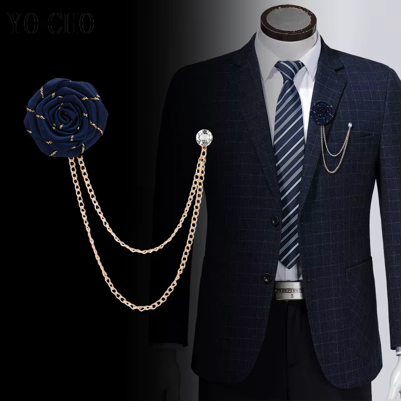 Broches de mariage pour hommes, Art en tissu, fleur de Rose faite à la main, Badge, chaîne à pampilles, accessoires de costume pour hommes, boutonnière de marié